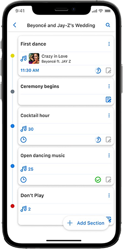 Mobile app interface for DJ event schedule, showing a wedding playlist with song names, times, and status indicators.