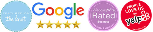 Badges for "Featured on The Knot," "5-star Google reviews," "WeddingWire Rated Business," and "People Love Us on Yelp."